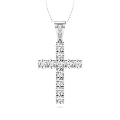 Round brilliant lab grown diamond cross pendant in a classic prong setting with a polished white gold  metal bail, pendant only without chain.