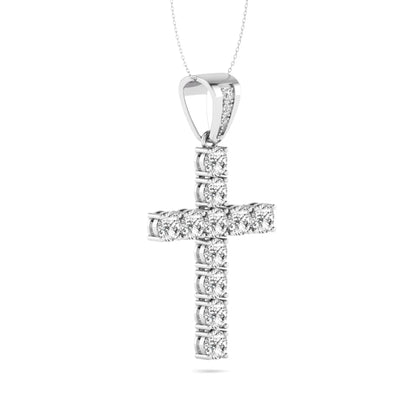 Round brilliant lab grown diamond cross pendant in a classic prong setting with a polished white gold  metal bail, pendant only without chain.