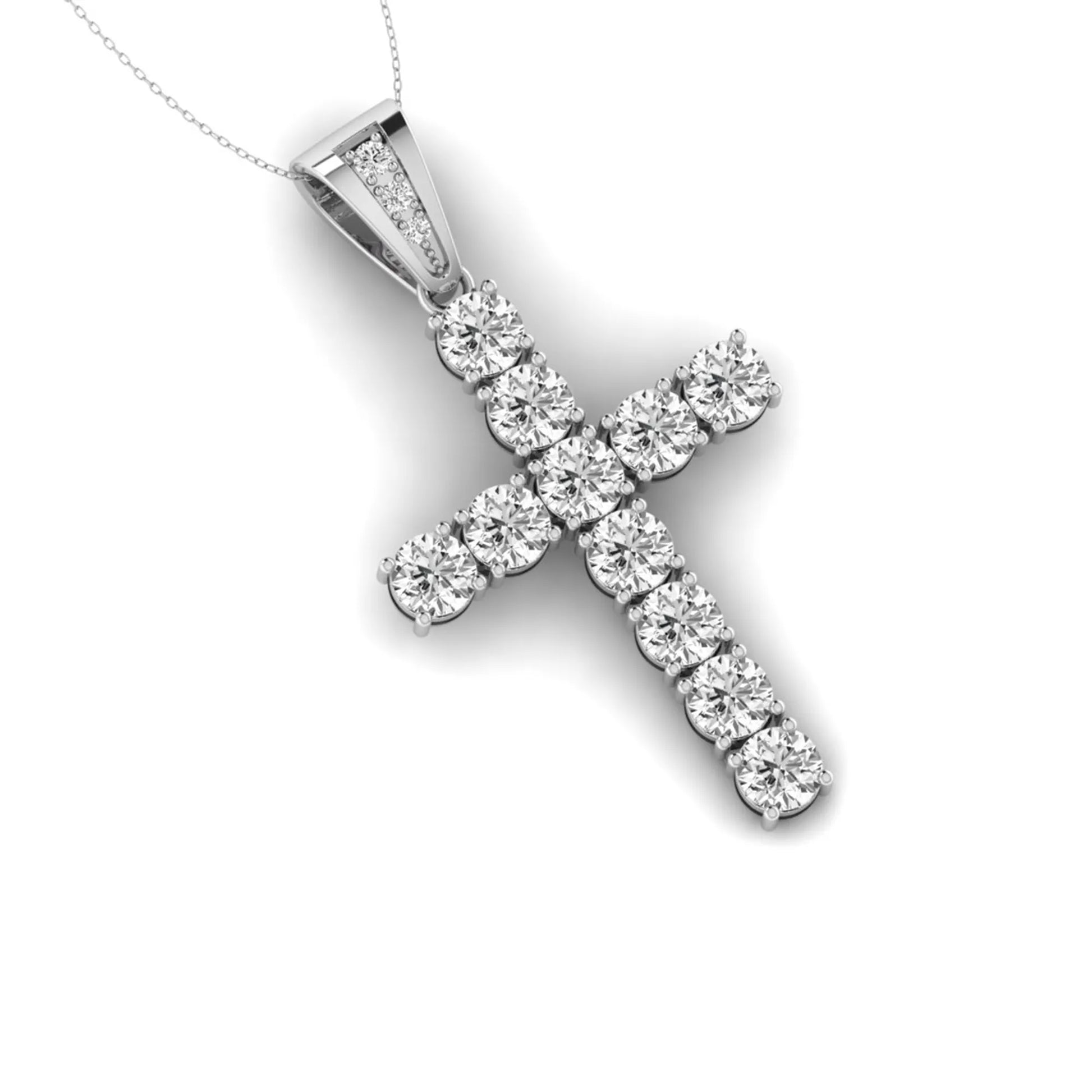Round brilliant lab grown diamond cross pendant in a classic prong setting with a polished white gold  metal bail, pendant only without chain.