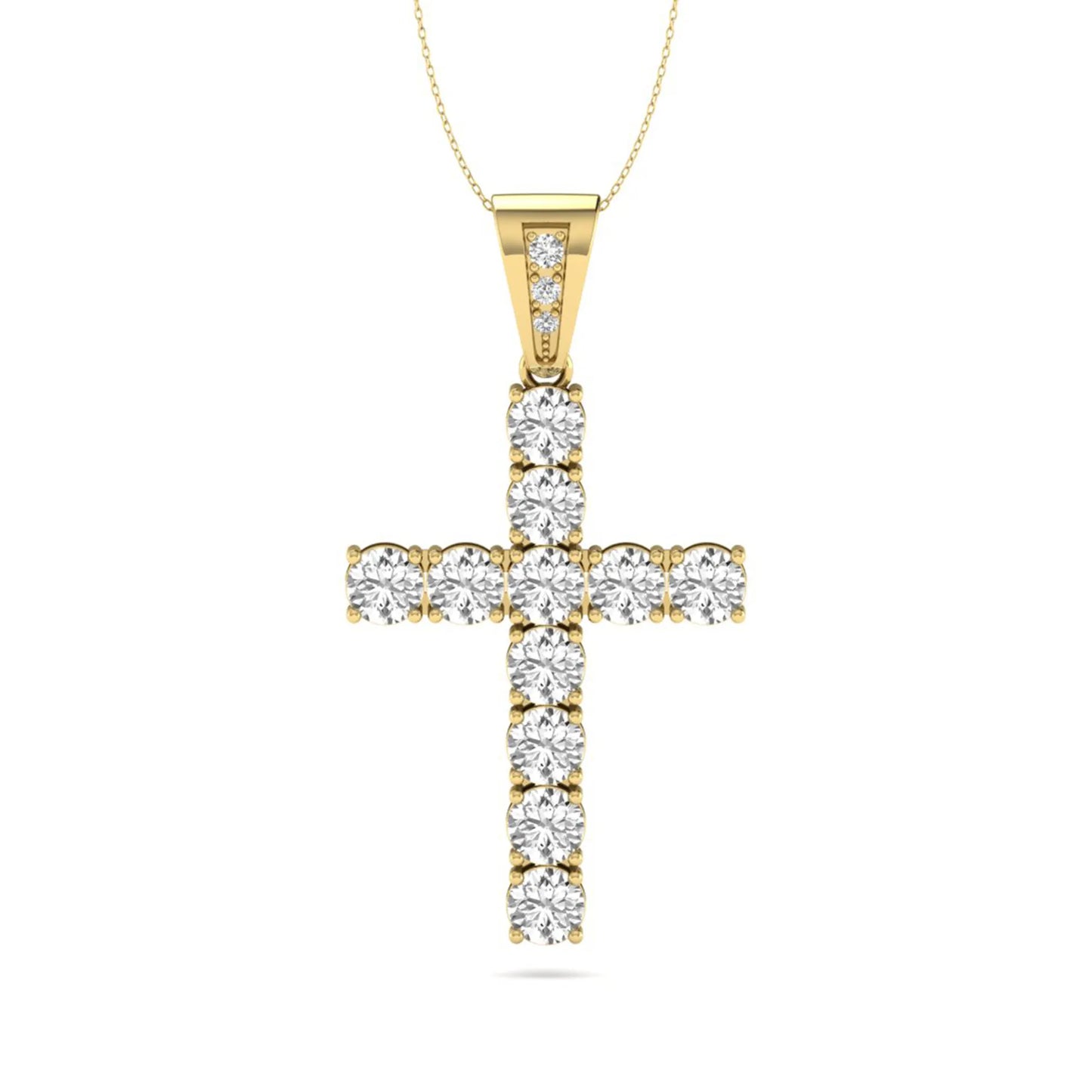 Round brilliant lab grown diamond cross pendant in a classic prong setting with a polished yellow gold  metal bail, pendant only without chain.