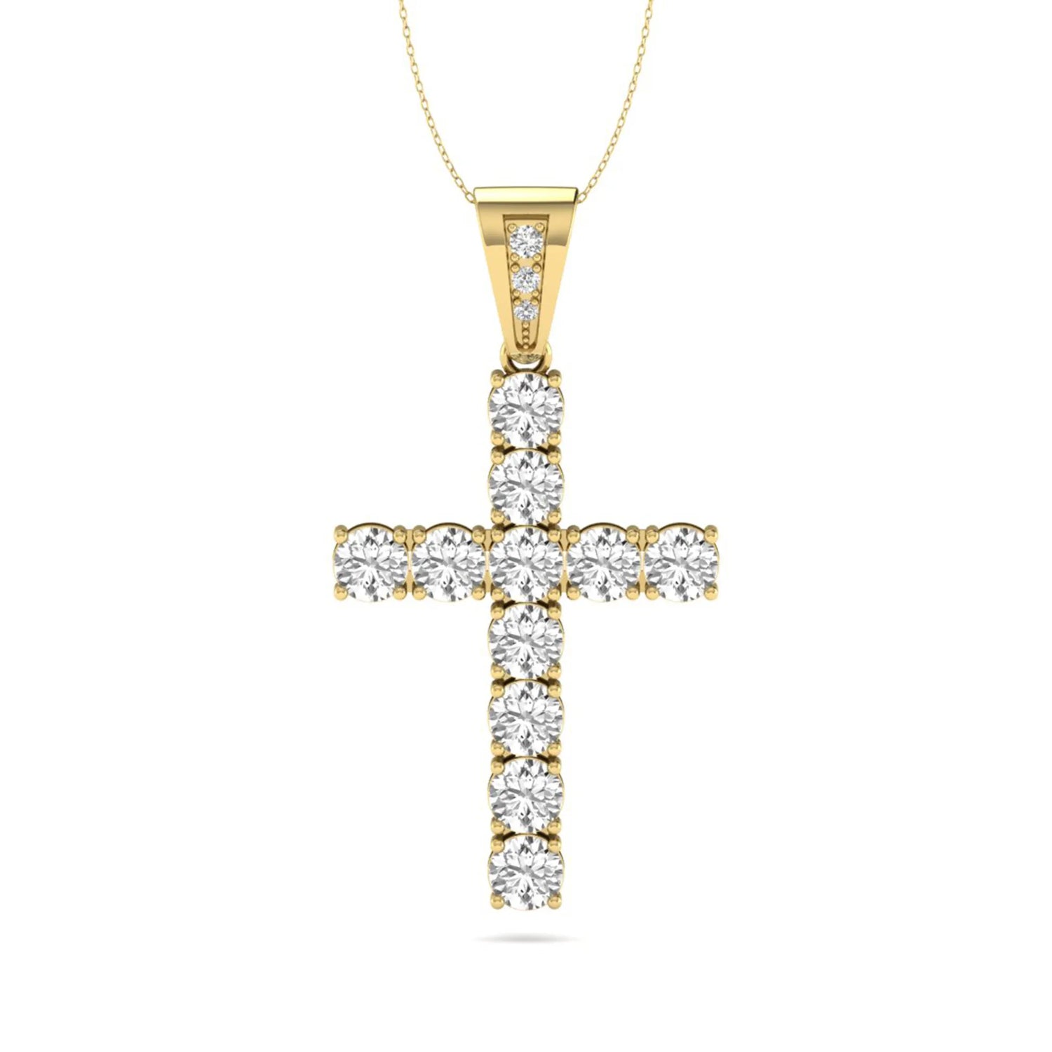 Round brilliant lab grown diamond cross pendant in a classic prong setting with a polished yellow gold  metal bail, pendant only without chain.