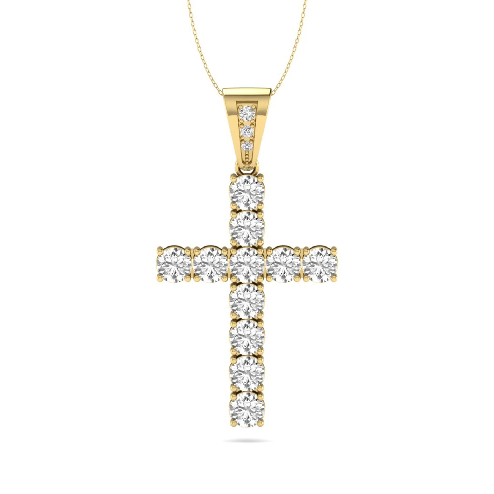 Round brilliant lab grown diamond cross pendant in a classic prong setting with a polished yellow gold  metal bail, pendant only without chain.
