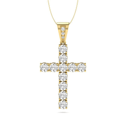 Round brilliant lab grown diamond cross pendant in a classic prong setting with a polished yellow gold  metal bail, pendant only without chain.