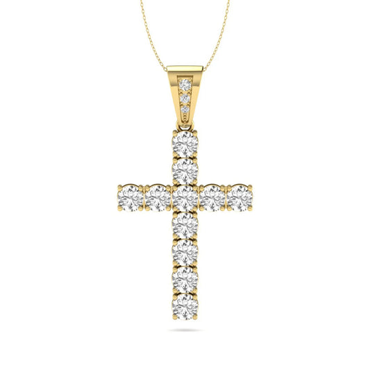 Round brilliant lab grown diamond cross pendant in a classic prong setting with a polished yellow gold  metal bail, pendant only without chain.