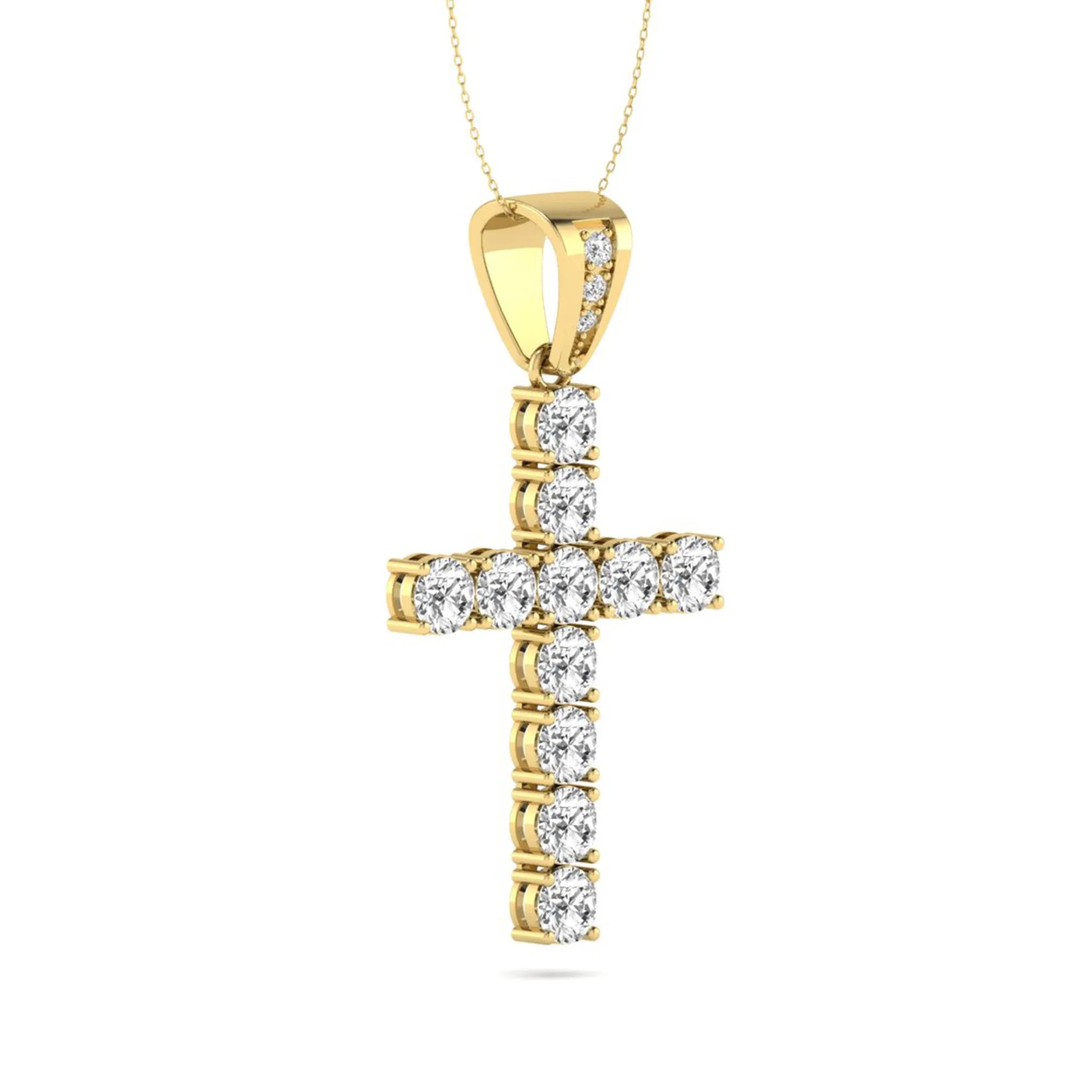 Round brilliant lab grown diamond cross pendant in a classic prong setting with a polished yellow gold  metal bail, pendant only without chain.