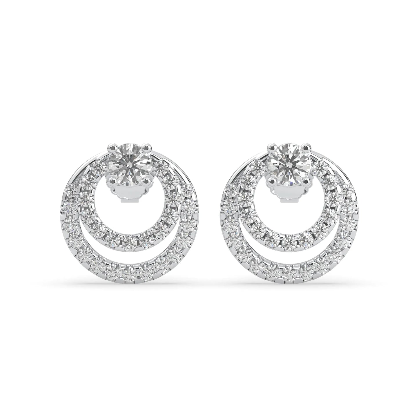white gold Round prong set lab grown diamond double circle stud earrings with a 5.00 mm center diamond in an open halo design and push-back closure.