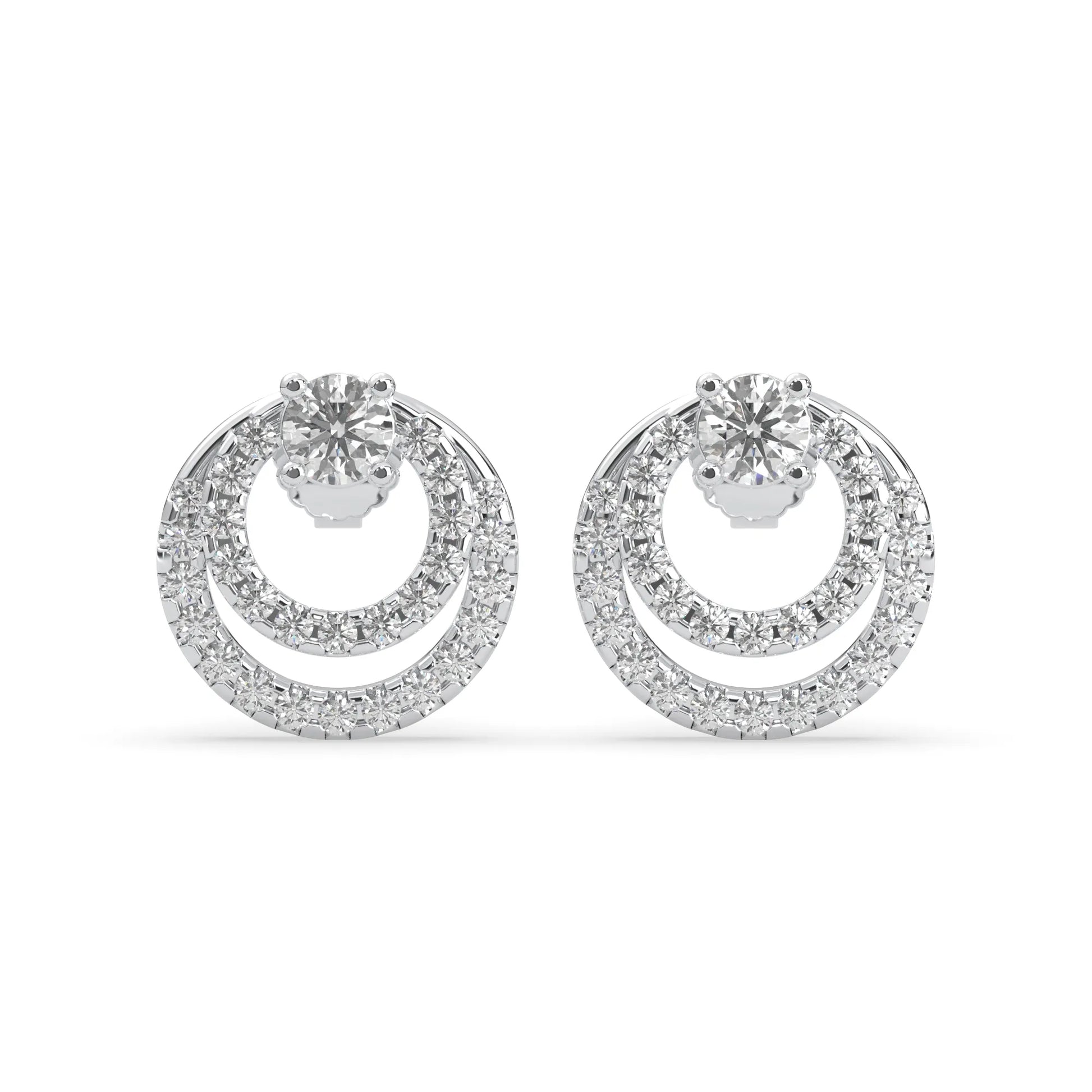 white gold Round prong set lab grown diamond double circle stud earrings with a 5.00 mm center diamond in an open halo design and push-back closure.