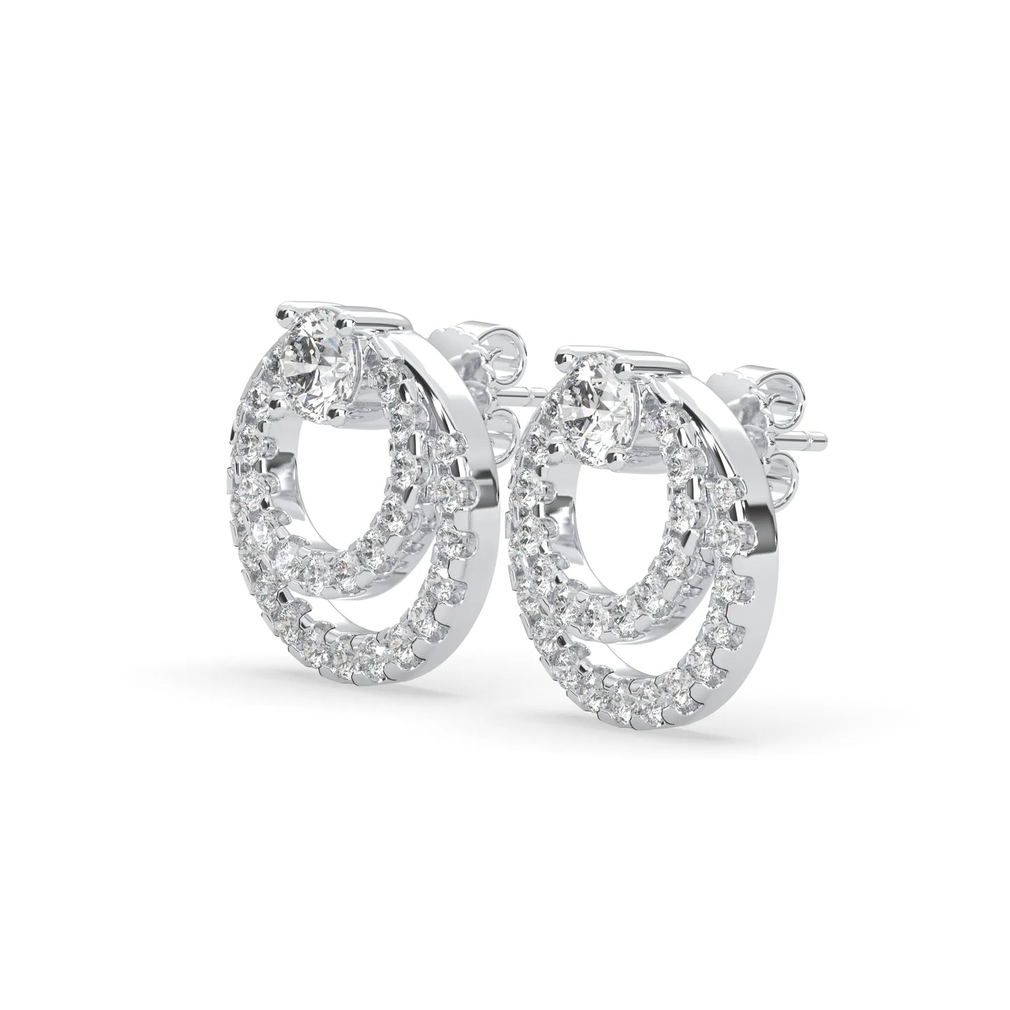 white gold Round prong set lab grown diamond double circle stud earrings with a 5.00 mm center diamond in an open halo design and push-back closure.