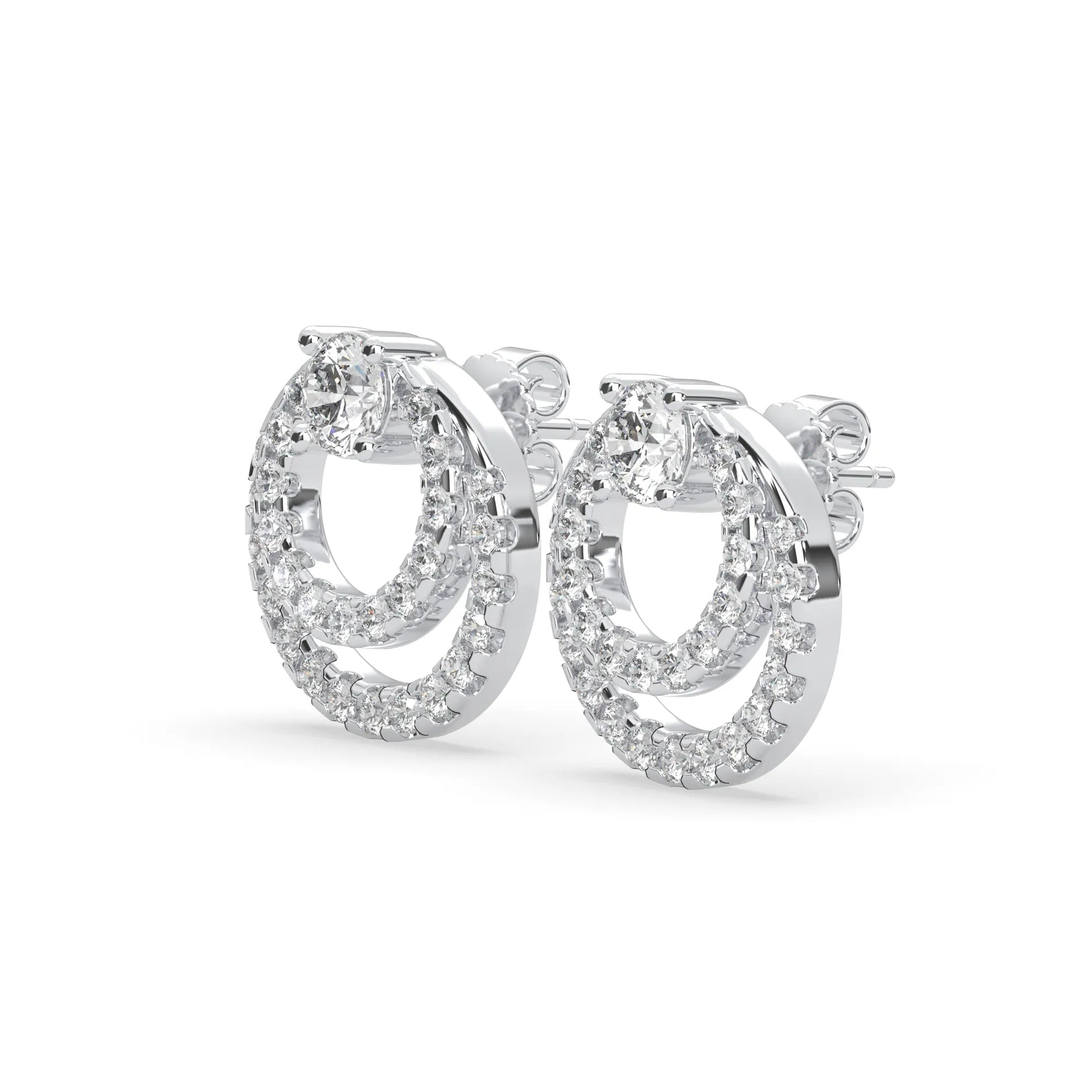 white gold Round prong set lab grown diamond double circle stud earrings with a 5.00 mm center diamond in an open halo design and push-back closure.