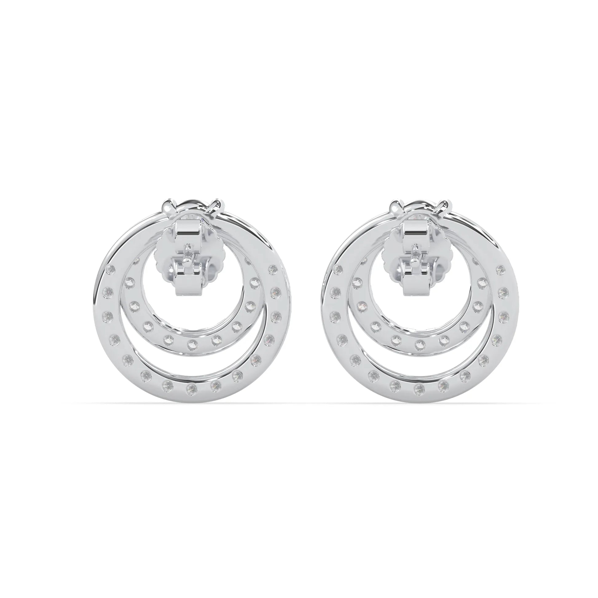 white gold Round prong set lab grown diamond double circle stud earrings with a 5.00 mm center diamond in an open halo design and push-back closure.