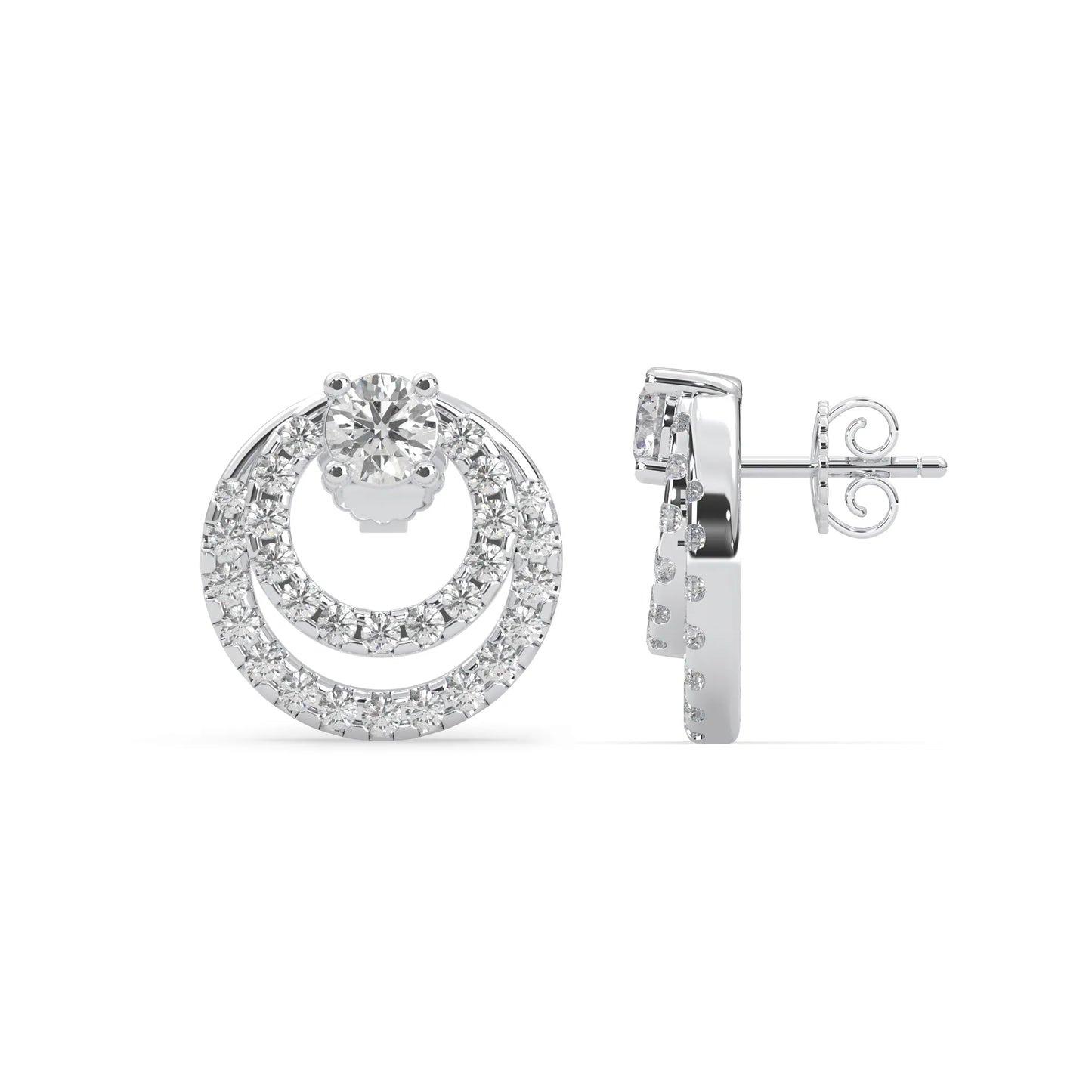 white gold Round prong set lab grown diamond double circle stud earrings with a 5.00 mm center diamond in an open halo design and push-back closure.