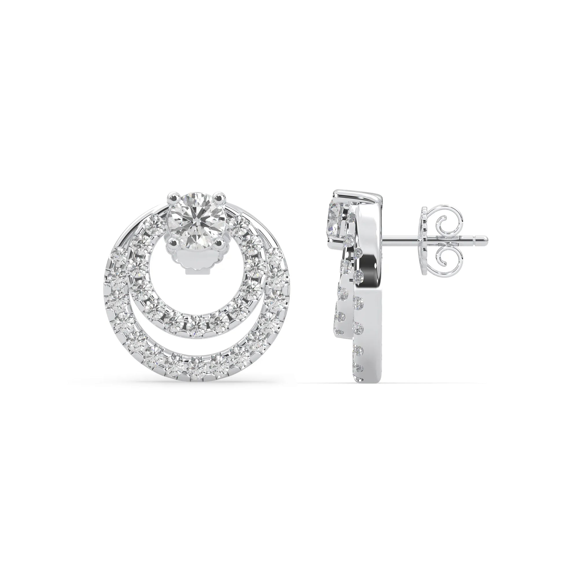 white gold Round prong set lab grown diamond double circle stud earrings with a 5.00 mm center diamond in an open halo design and push-back closure.