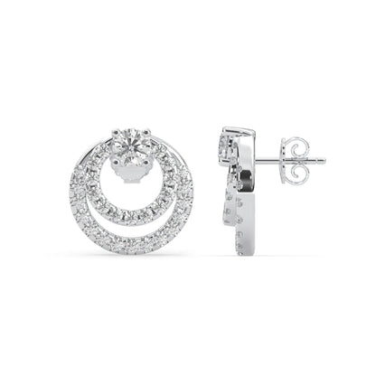 white gold Round prong set lab grown diamond double circle stud earrings with a 5.00 mm center diamond in an open halo design and push-back closure.