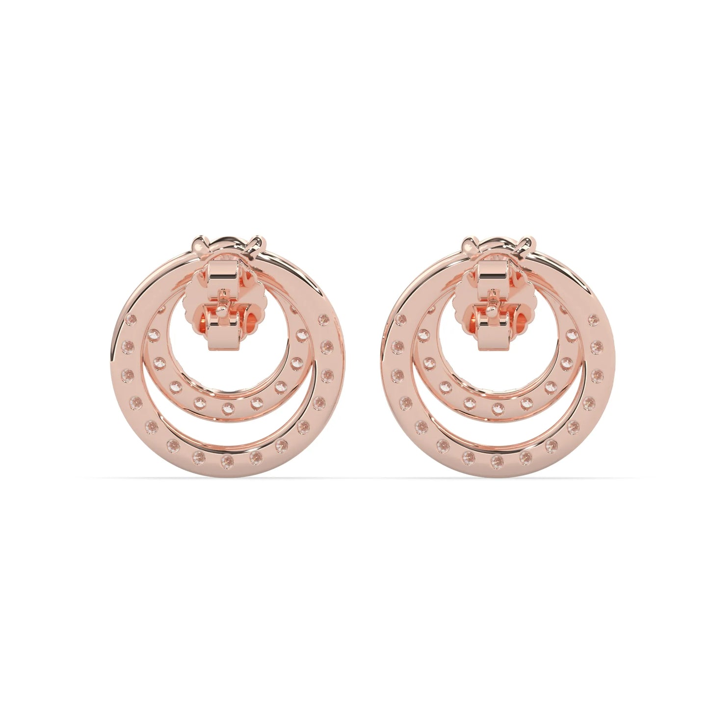 rose gold Round prong set lab grown diamond double circle stud earrings with a 5.00 mm center diamond in an open halo design and push-back closure.