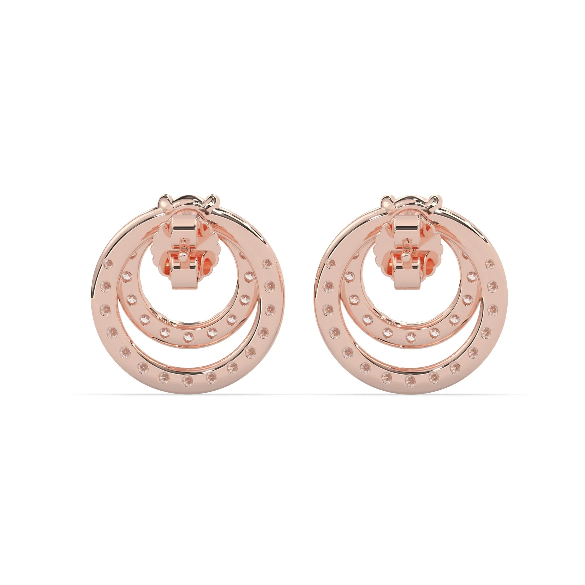 rose gold Round prong set lab grown diamond double circle stud earrings with a 5.00 mm center diamond in an open halo design and push-back closure.