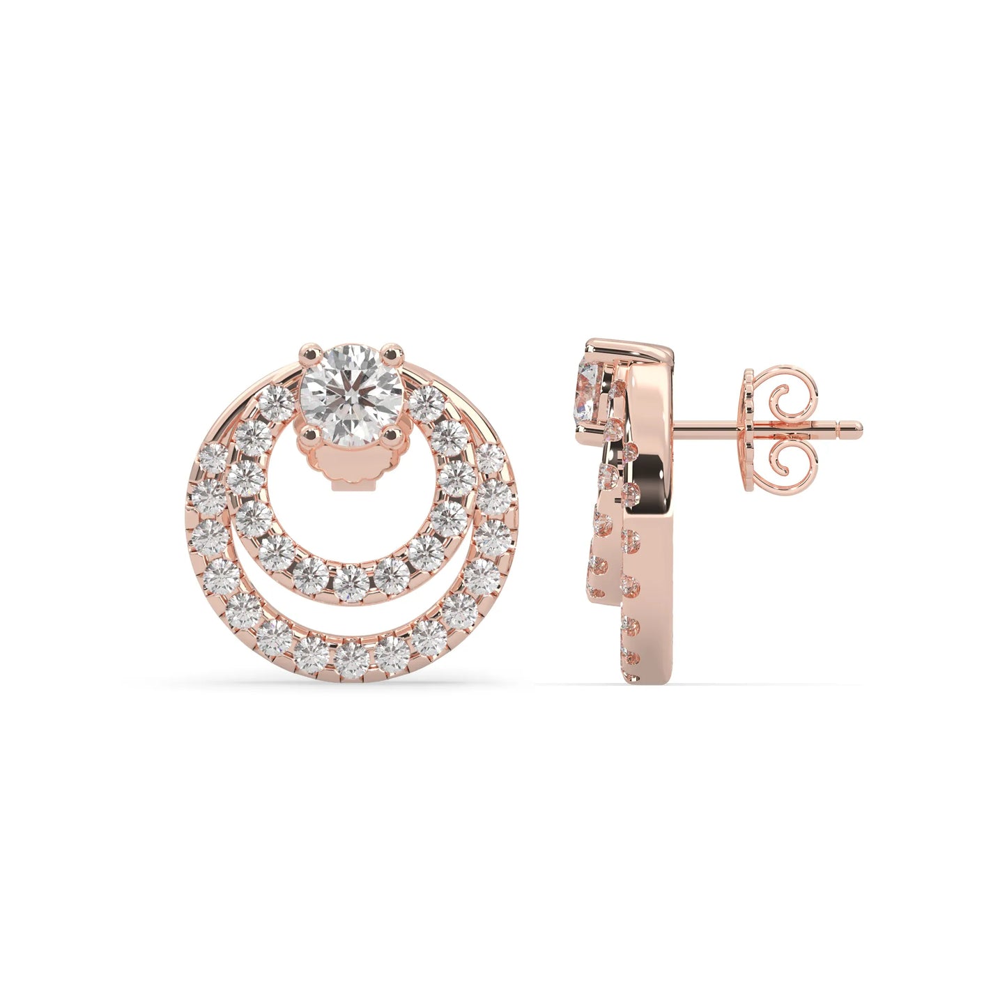 rose gold Round prong set lab grown diamond double circle stud earrings with a 5.00 mm center diamond in an open halo design and push-back closure.