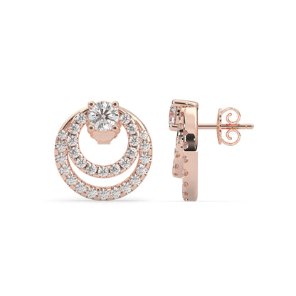 rose gold Round prong set lab grown diamond double circle stud earrings with a 5.00 mm center diamond in an open halo design and push-back closure.