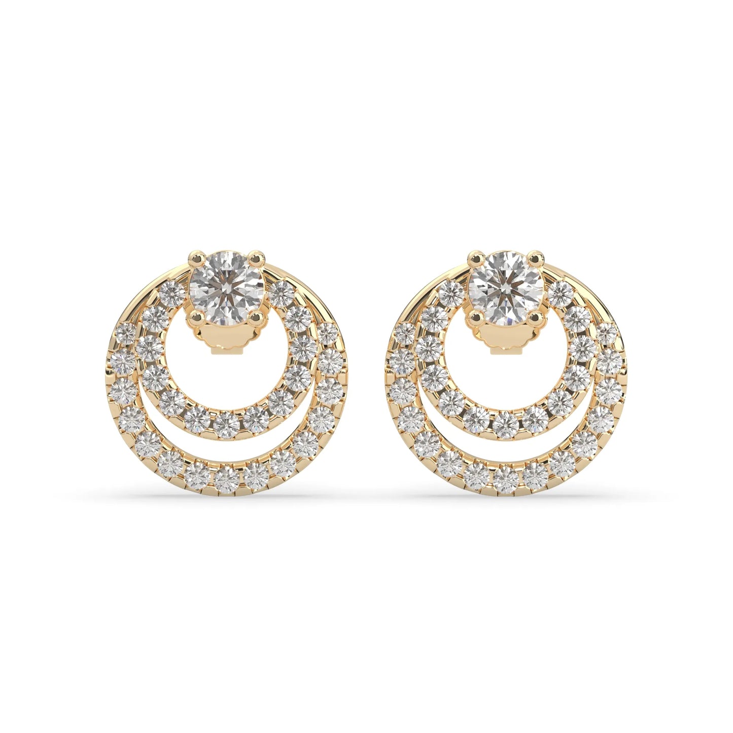 yellow gold Round prong set lab grown diamond double circle stud earrings with a 5.00 mm center diamond in an open halo design and push-back closure.