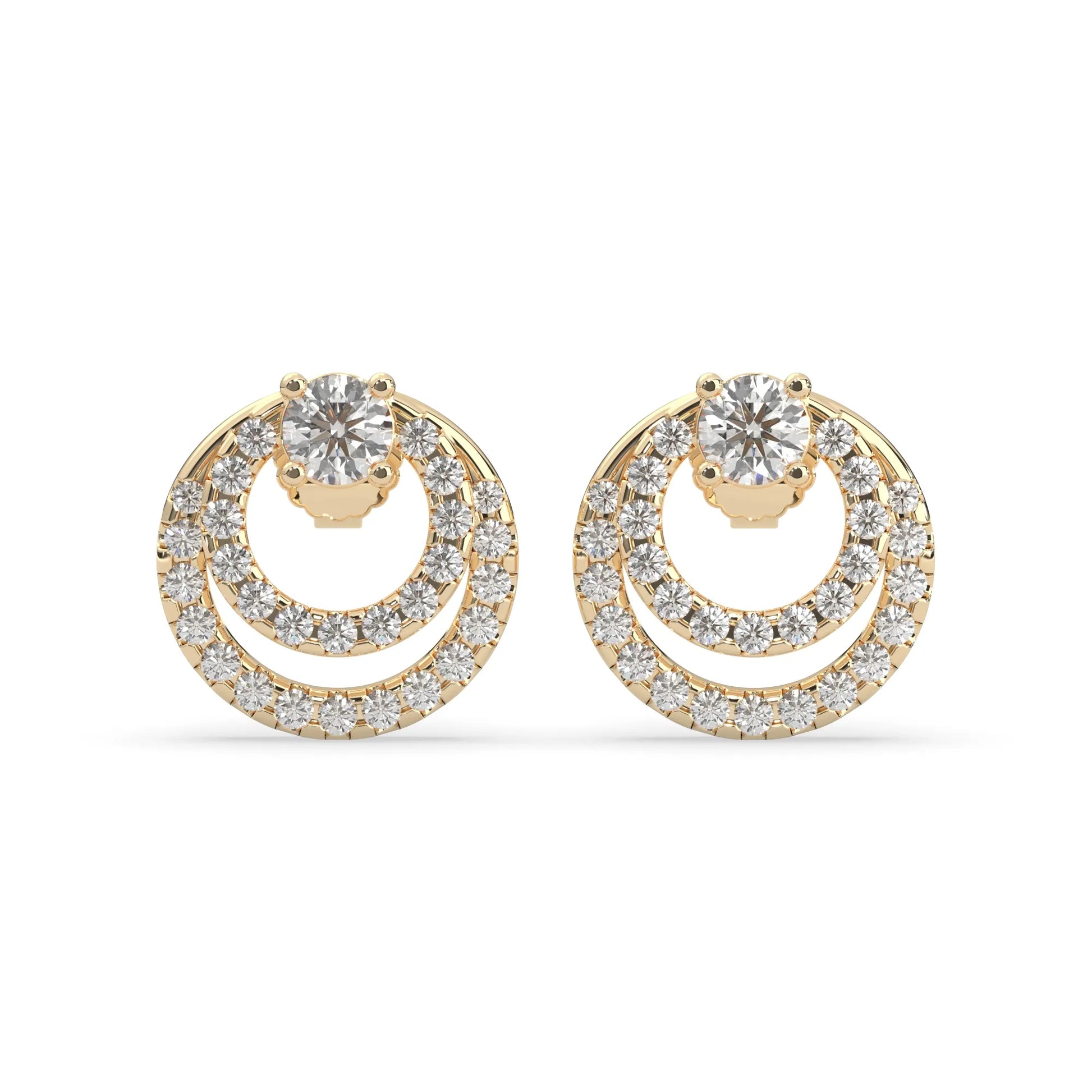 yellow gold Round prong set lab grown diamond double circle stud earrings with a 5.00 mm center diamond in an open halo design and push-back closure.