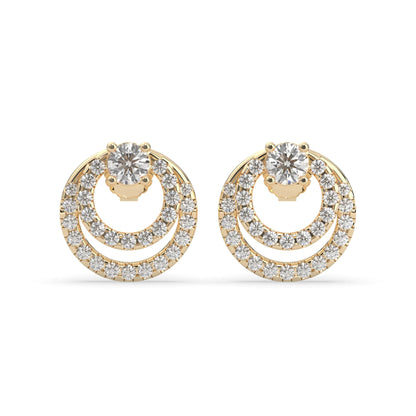 yellow gold Round prong set lab grown diamond double circle stud earrings with a 5.00 mm center diamond in an open halo design and push-back closure.