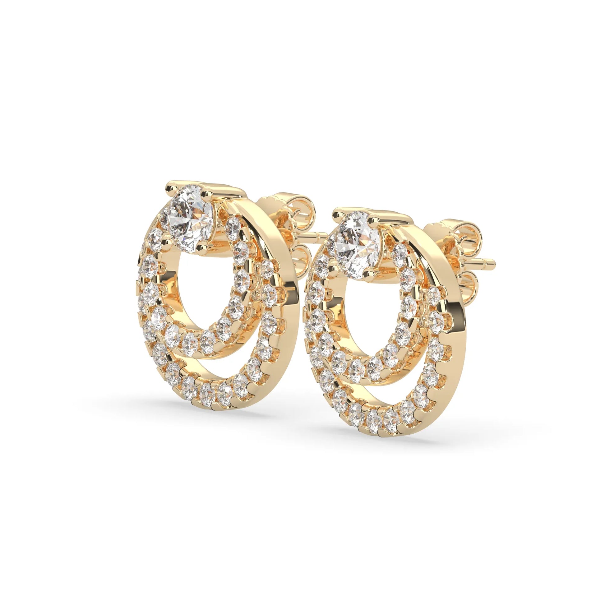 yellow gold Round prong set lab grown diamond double circle stud earrings with a 5.00 mm center diamond in an open halo design and push-back closure.