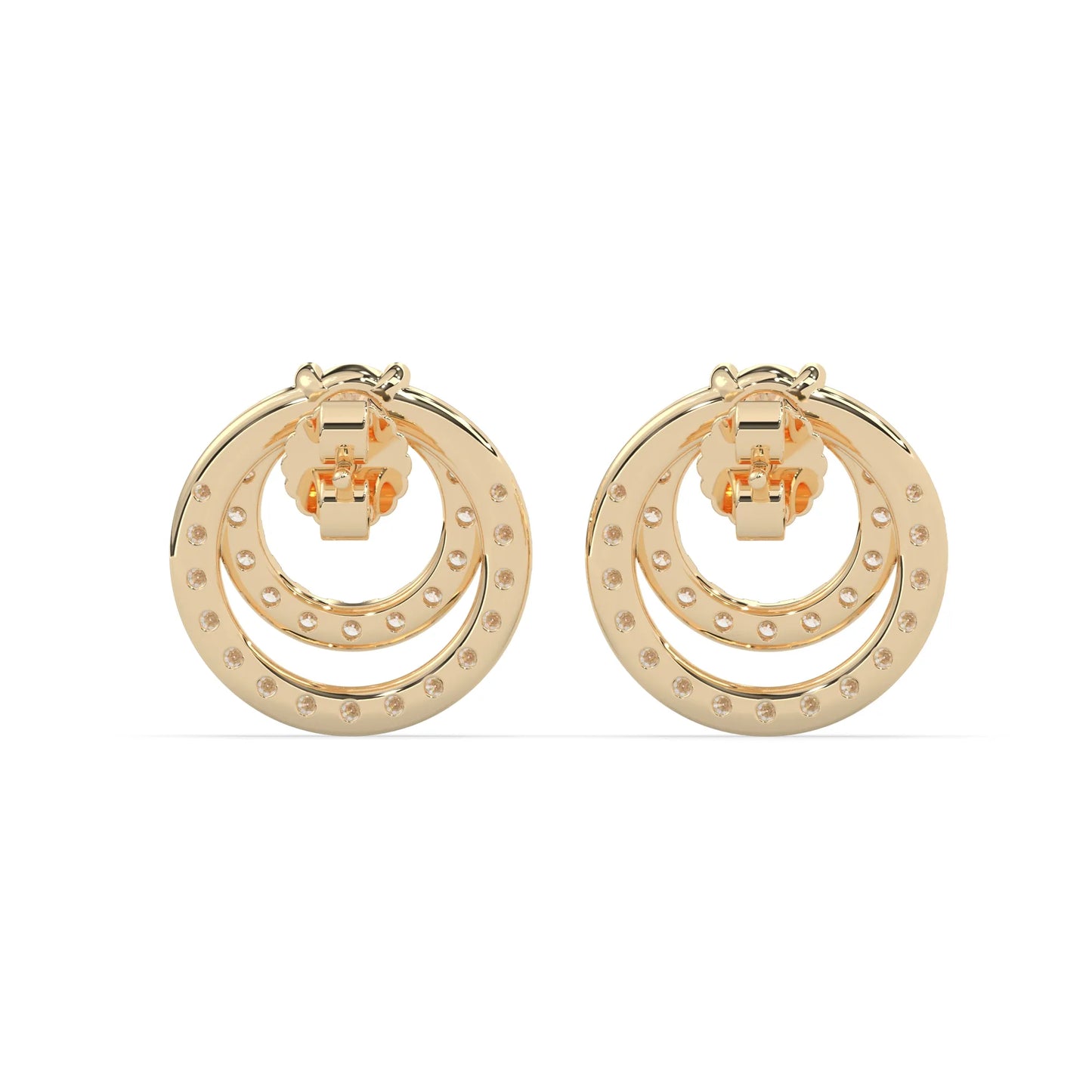 yellow gold Round prong set lab grown diamond double circle stud earrings with a 5.00 mm center diamond in an open halo design and push-back closure.