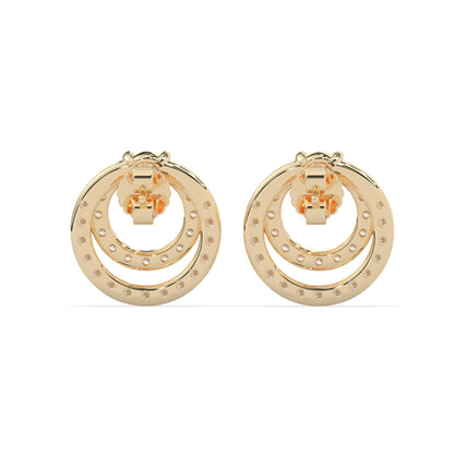 yellow gold Round prong set lab grown diamond double circle stud earrings with a 5.00 mm center diamond in an open halo design and push-back closure.