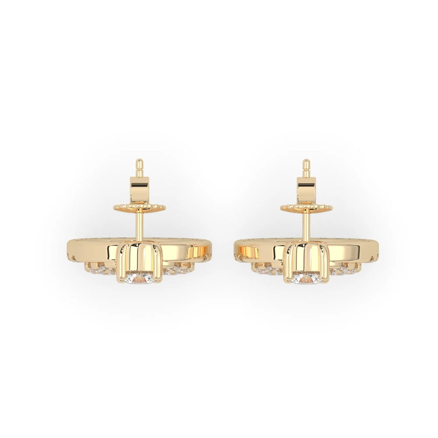 yellow gold Round prong set lab grown diamond double circle stud earrings with a 5.00 mm center diamond in an open halo design and push-back closure.
