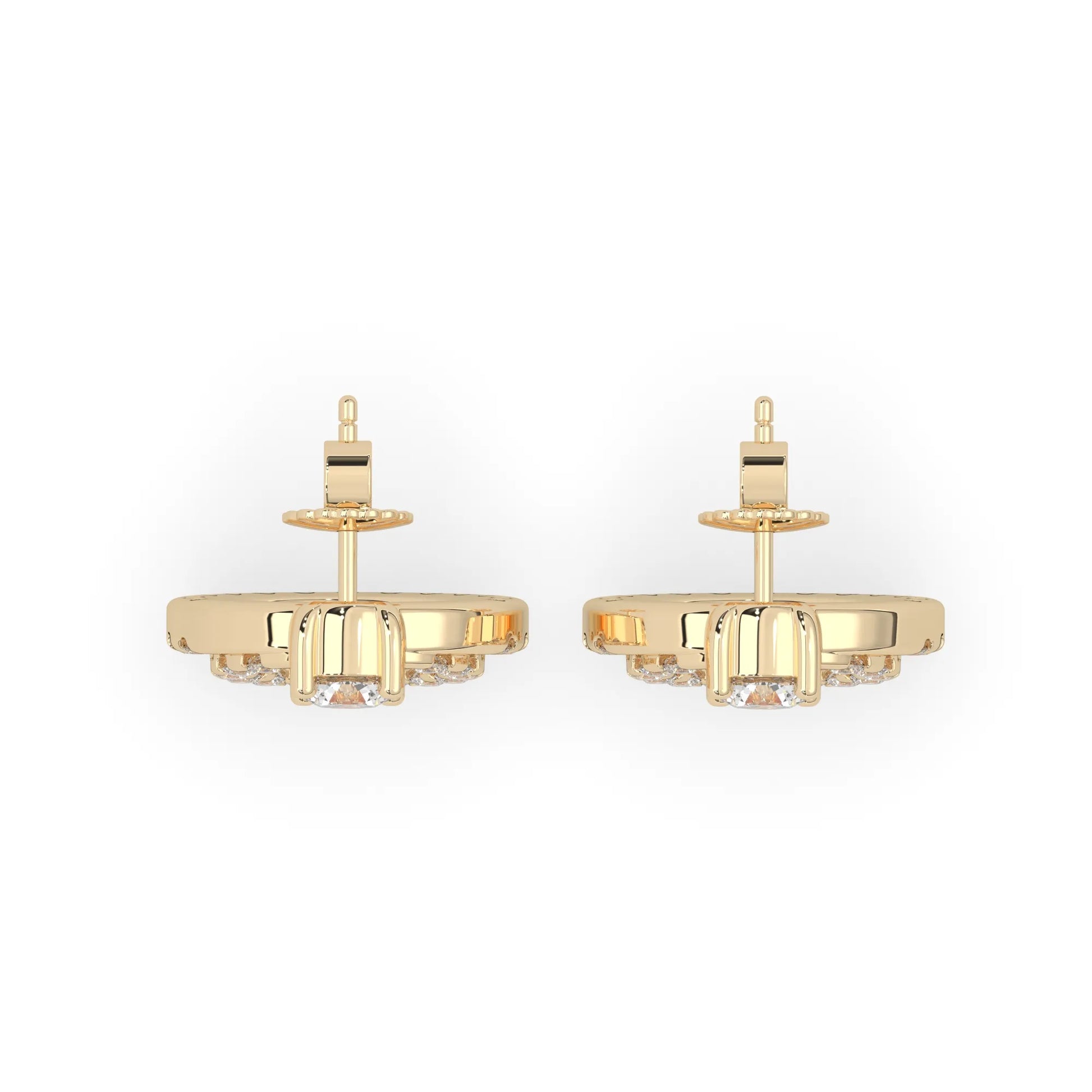 yellow gold Round prong set lab grown diamond double circle stud earrings with a 5.00 mm center diamond in an open halo design and push-back closure.