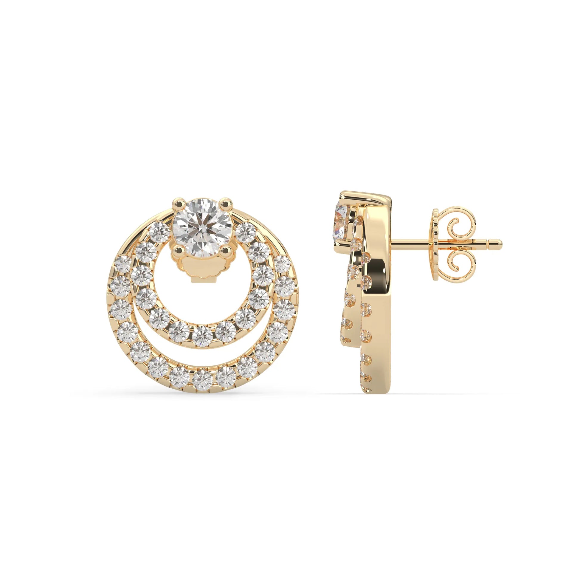 yellow gold Round prong set lab grown diamond double circle stud earrings with a 5.00 mm center diamond in an open halo design and push-back closure.
