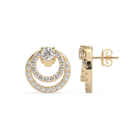 yellow gold Round prong set lab grown diamond double circle stud earrings with a 5.00 mm center diamond in an open halo design and push-back closure.