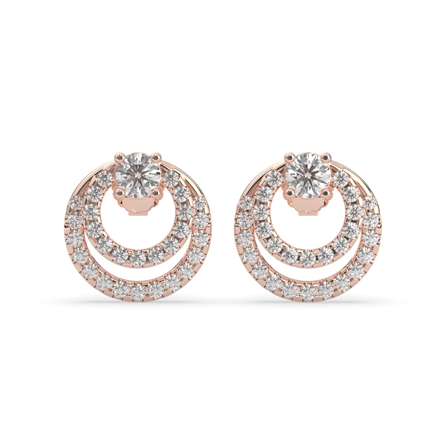 rose gold Round prong set lab grown diamond double circle stud earrings with a 5.00 mm center diamond in an open halo design and push-back closure.