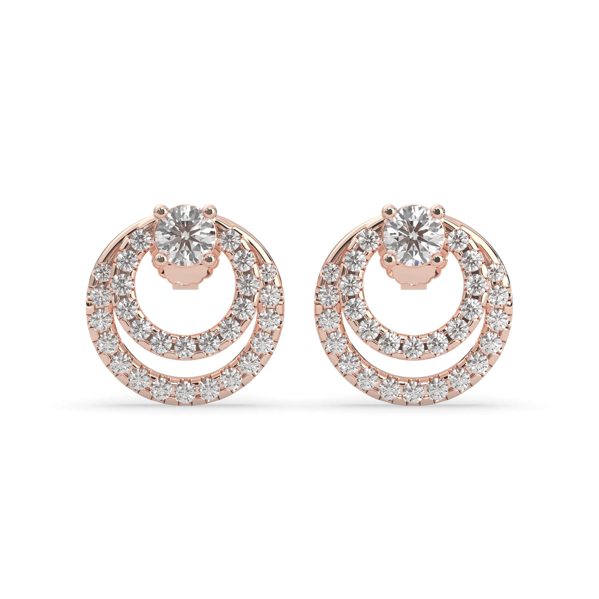 rose gold Round prong set lab grown diamond double circle stud earrings with a 5.00 mm center diamond in an open halo design and push-back closure.