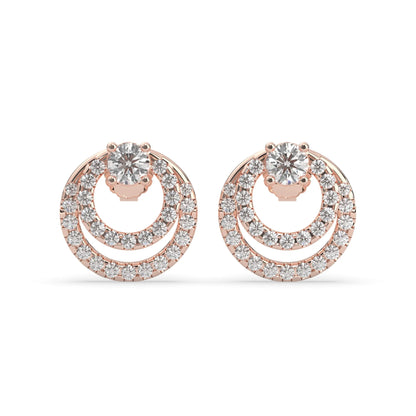 rose gold Round prong set lab grown diamond double circle stud earrings with a 5.00 mm center diamond in an open halo design and push-back closure.