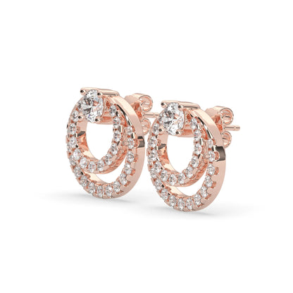 rose gold Round prong set lab grown diamond double circle stud earrings with a 5.00 mm center diamond in an open halo design and push-back closure.