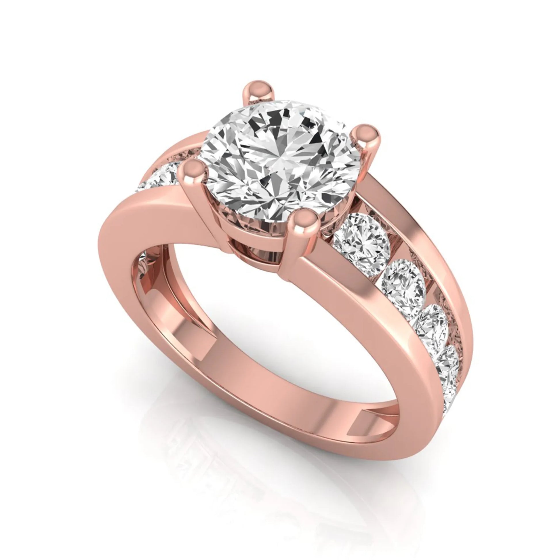 rose gold Round cut lab grown diamond engagement ring with 1.70 CT center stone, round side diamonds, and four-prong setting