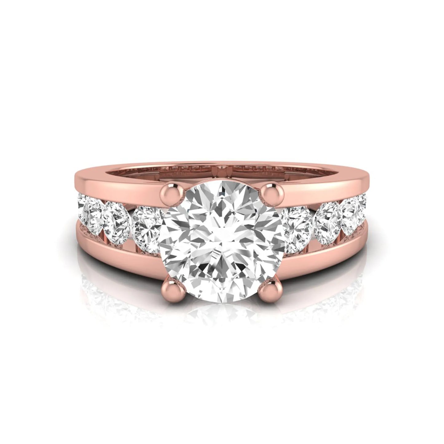 rose gold Round cut lab grown diamond engagement ring with 1.70 CT center stone, round side diamonds, and four-prong setting