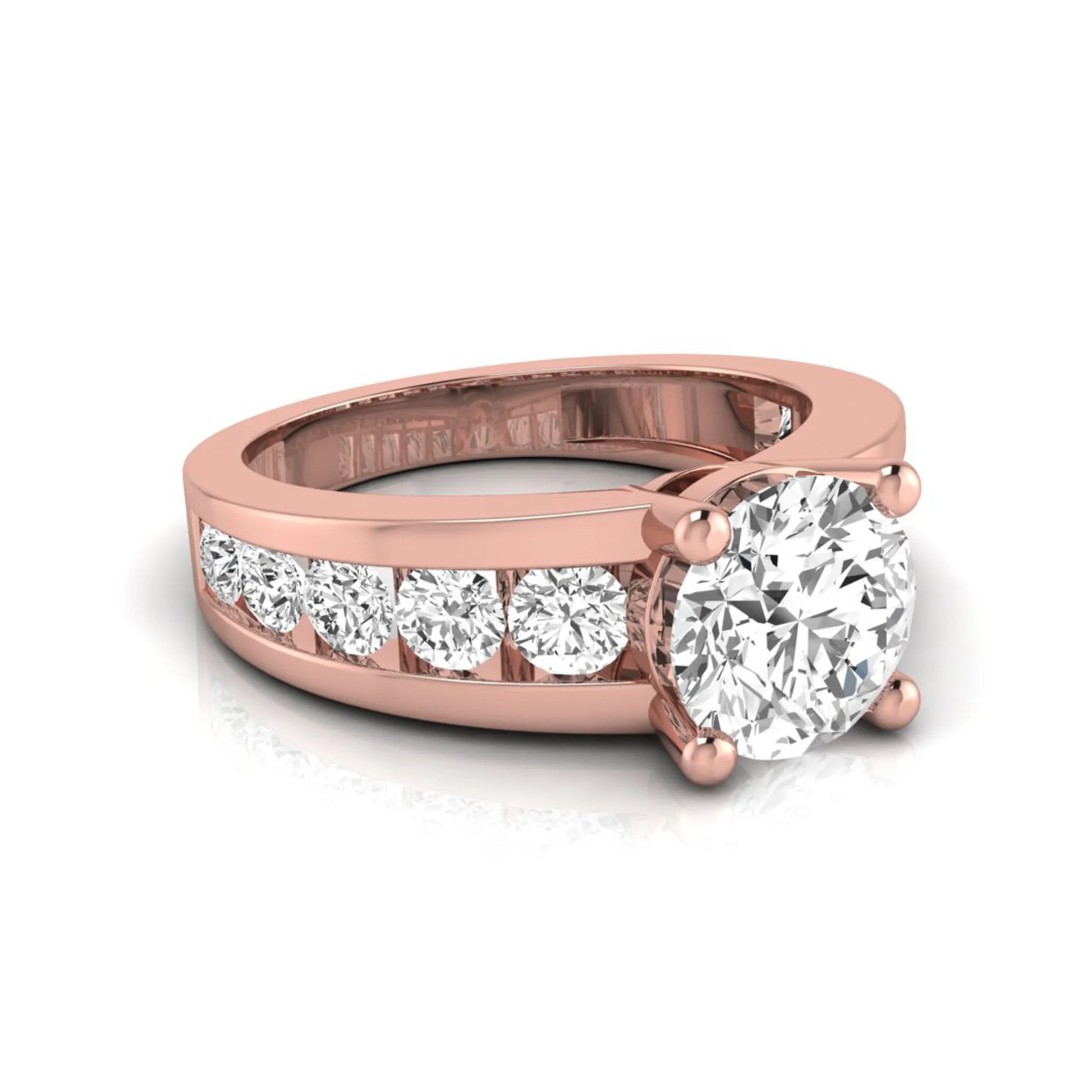 rose gold Round cut lab grown diamond engagement ring with 1.70 CT center stone, round side diamonds, and four-prong setting
