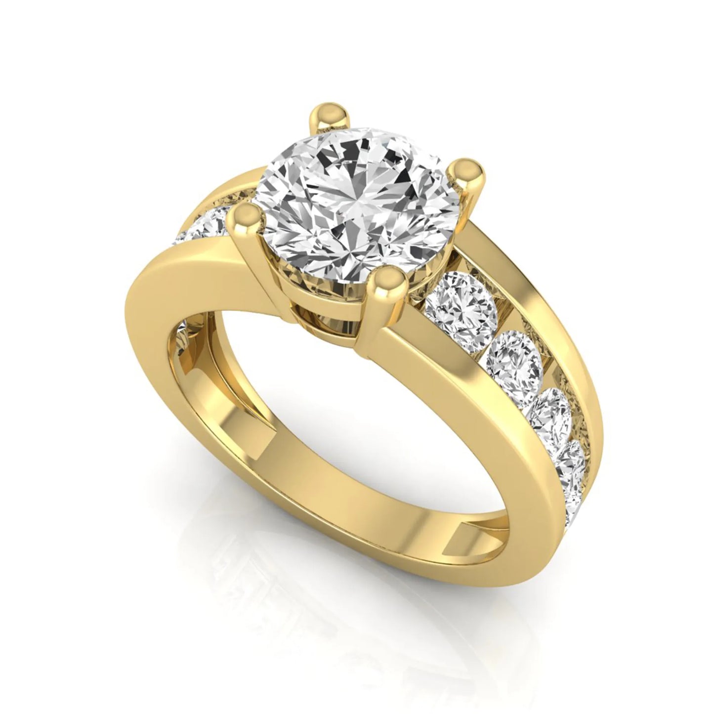 yellow gold Round cut lab grown diamond engagement ring with 1.70 CT center stone, round side diamonds, and four-prong setting