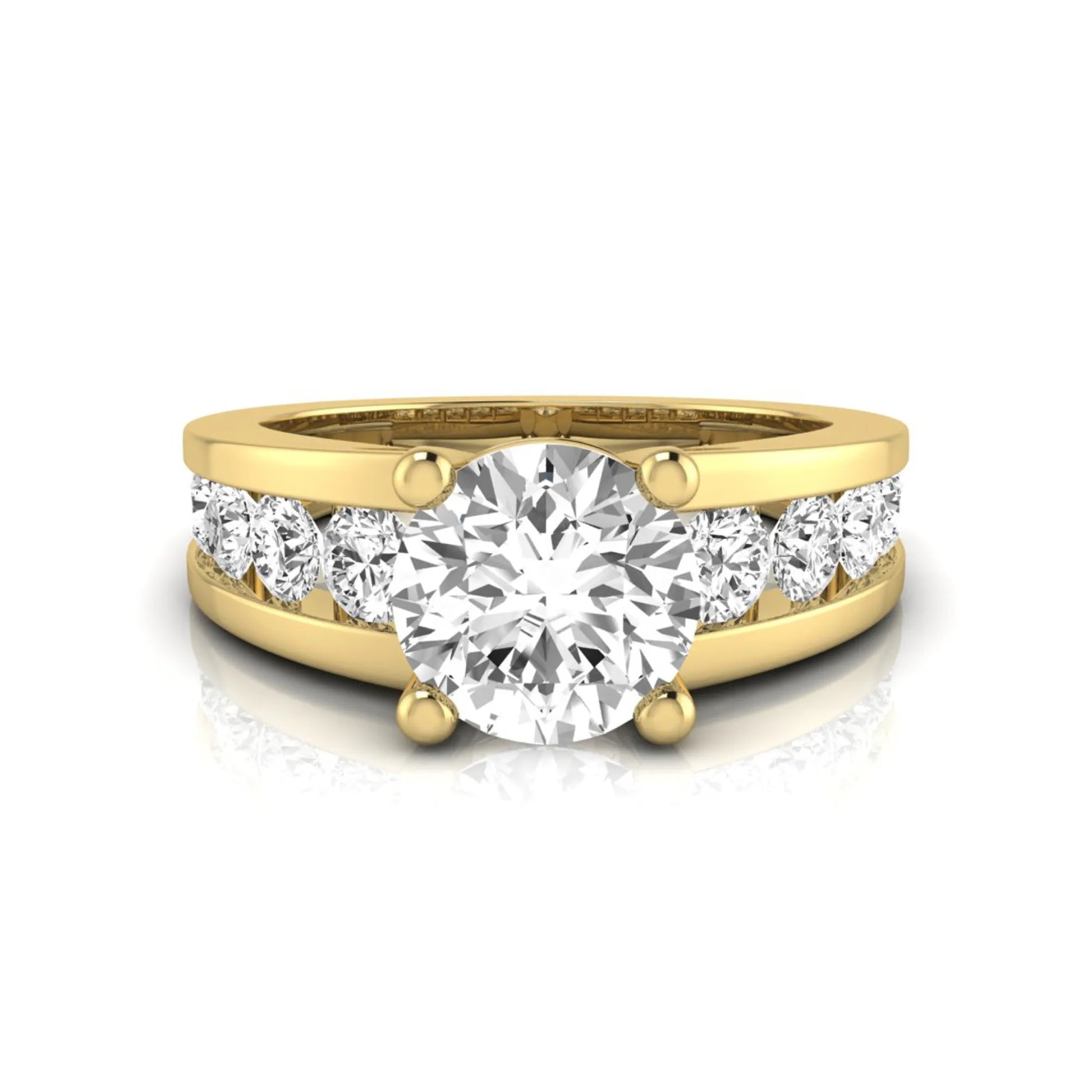 yellow gold Round cut lab grown diamond engagement ring with 1.70 CT center stone, round side diamonds, and four-prong setting