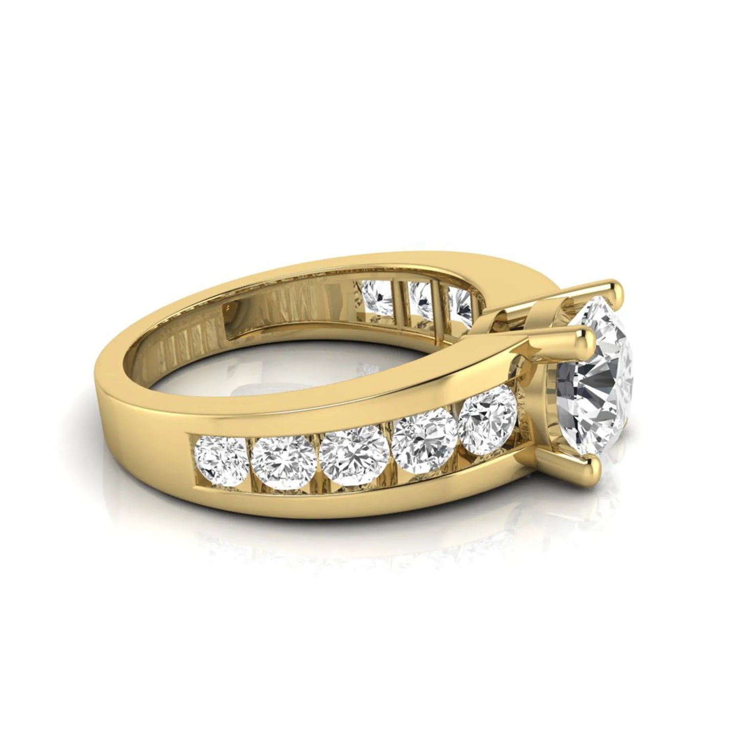 yellow gold Round cut lab grown diamond engagement ring with 1.70 CT center stone, round side diamonds, and four-prong setting