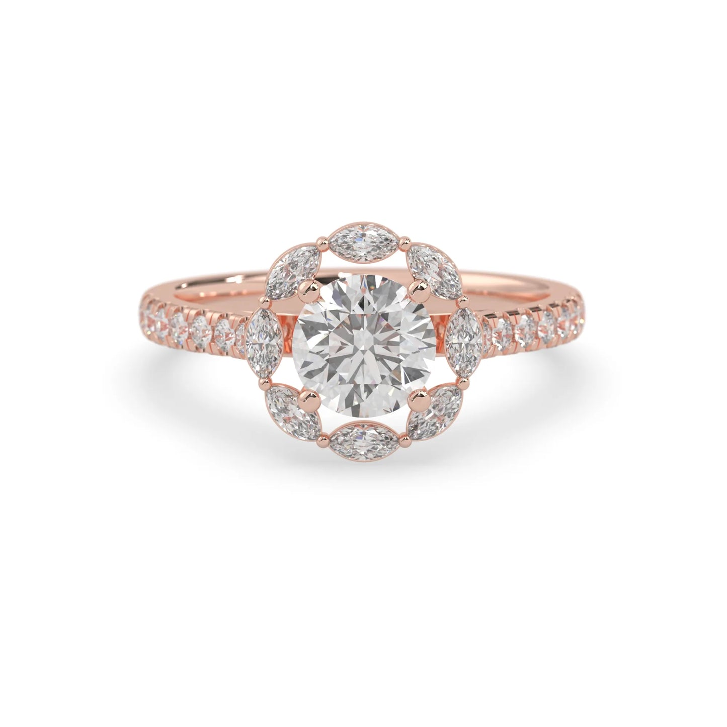 Round lab grown diamond floral halo engagement ring with 6.50 mm center diamond and marquise and round cut side diamonds in rose gold