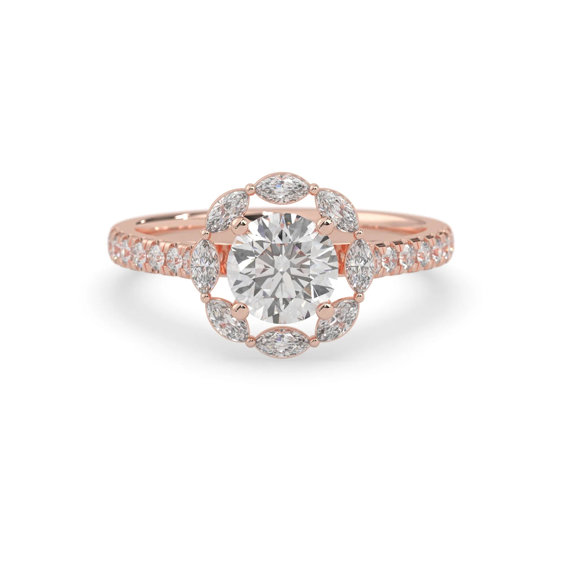 Round lab grown diamond floral halo engagement ring with 6.50 mm center diamond and marquise and round cut side diamonds in rose gold