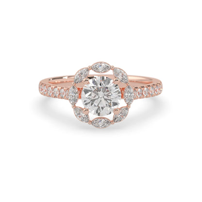 Round lab grown diamond floral halo engagement ring with 6.50 mm center diamond and marquise and round cut side diamonds in rose gold