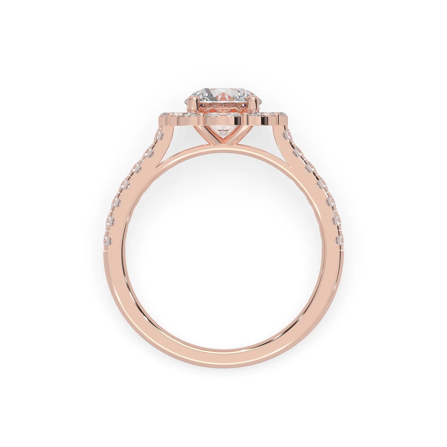 Round lab grown diamond floral halo engagement ring with 6.50 mm center diamond and marquise and round cut side diamonds in rose gold