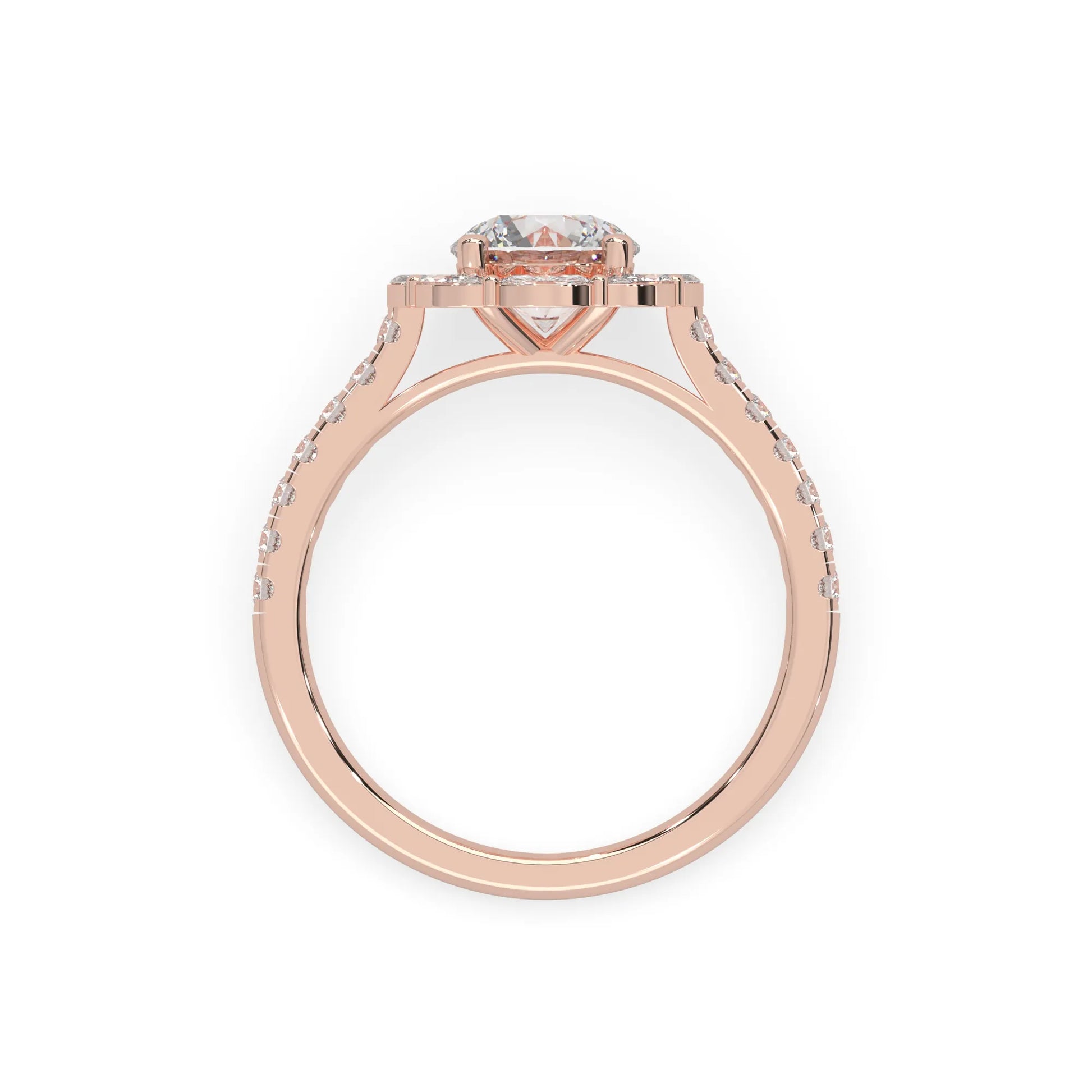 Round lab grown diamond floral halo engagement ring with 6.50 mm center diamond and marquise and round cut side diamonds in rose gold