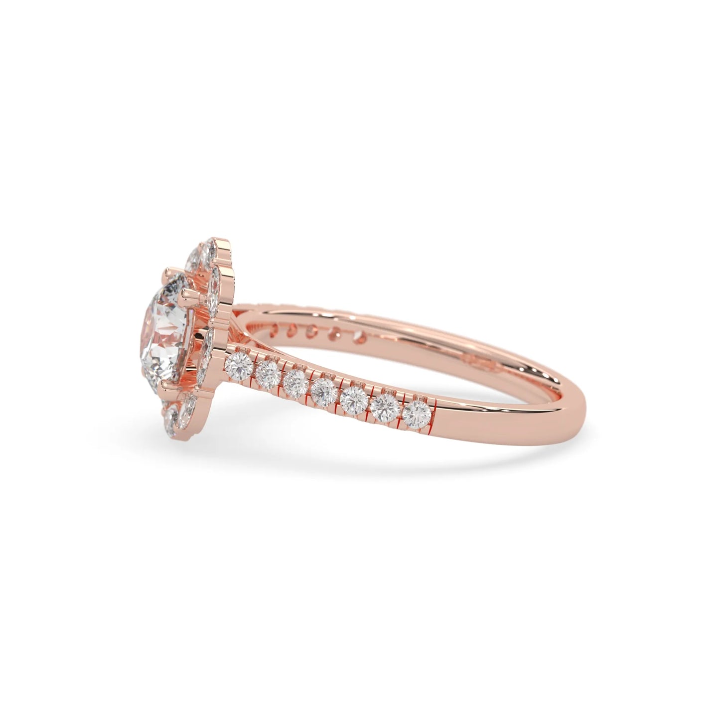 Round lab grown diamond floral halo engagement ring with 6.50 mm center diamond and marquise and round cut side diamonds in rose gold