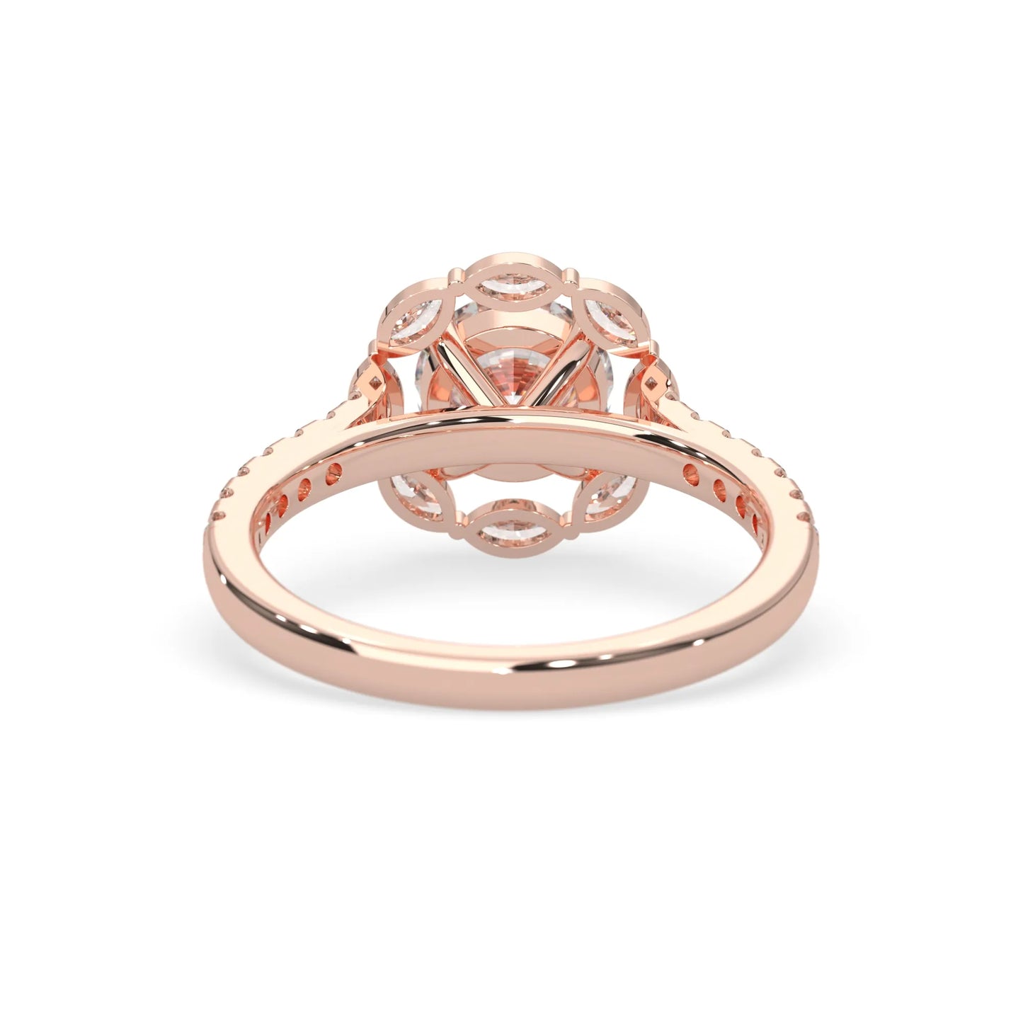 Round lab grown diamond floral halo engagement ring with 6.50 mm center diamond and marquise and round cut side diamonds in rose gold