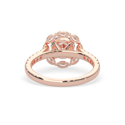 Round lab grown diamond floral halo engagement ring with 6.50 mm center diamond and marquise and round cut side diamonds in rose gold