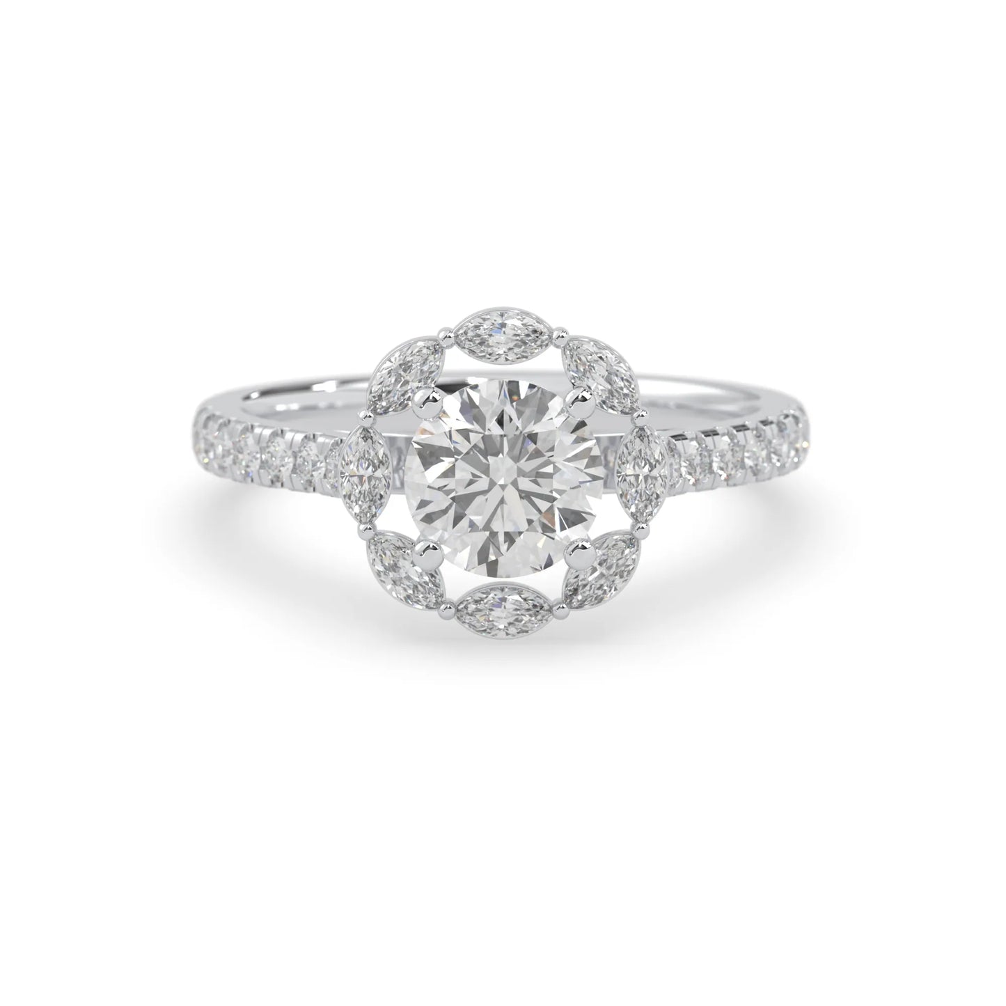 Round lab grown diamond floral halo engagement ring with 6.50 mm center diamond and marquise and round cut side diamonds in white gold